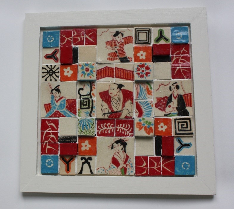 japanse motieven, afm. 29 x 30 cm. handgevormde en beschilderde porseleintegeitjes 2014